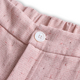 Chic Puha Rózsaszín Tweed Öltöny Nőies Szabással és Gyöngy Részletekkel 