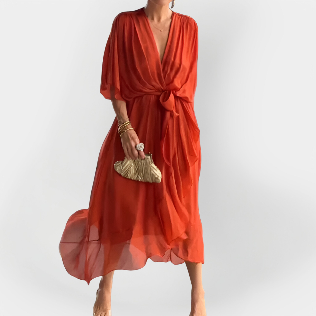 V-nyakú sifon ruha