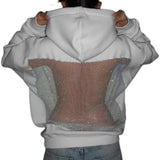 Alba Strasszos Hálós Nyitott Hátú Kapucnis Pulóver