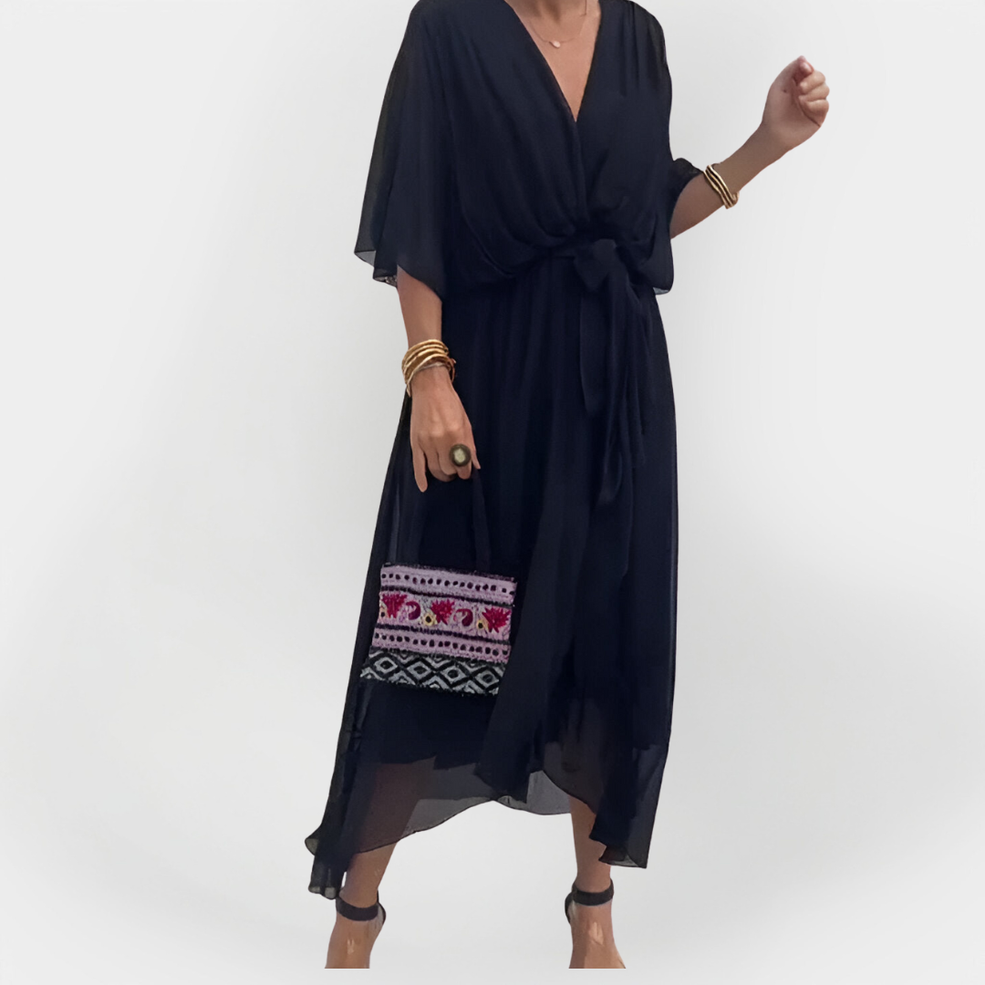 V-nyakú sifon ruha