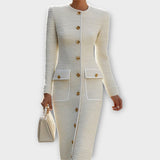 Elegáns Gombos Tweed Midi Ruha