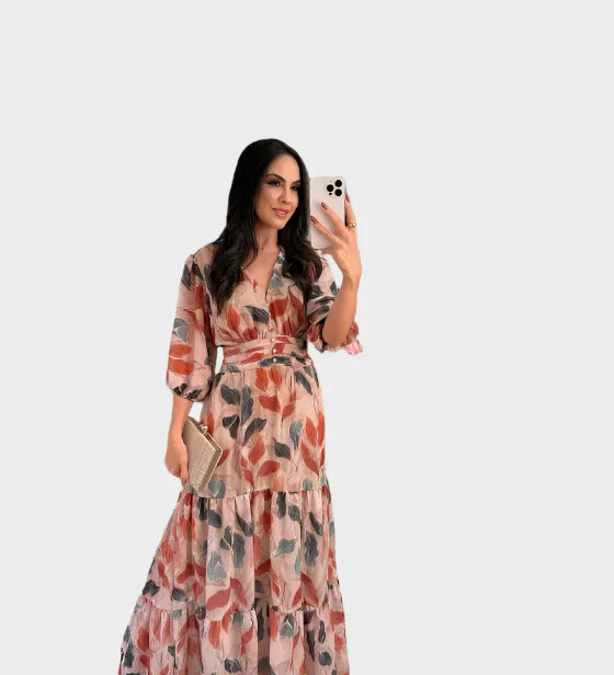 Virágmintás Hosszú Ruha Kényelmes Illeszkedéssel Elegáns Napokra
