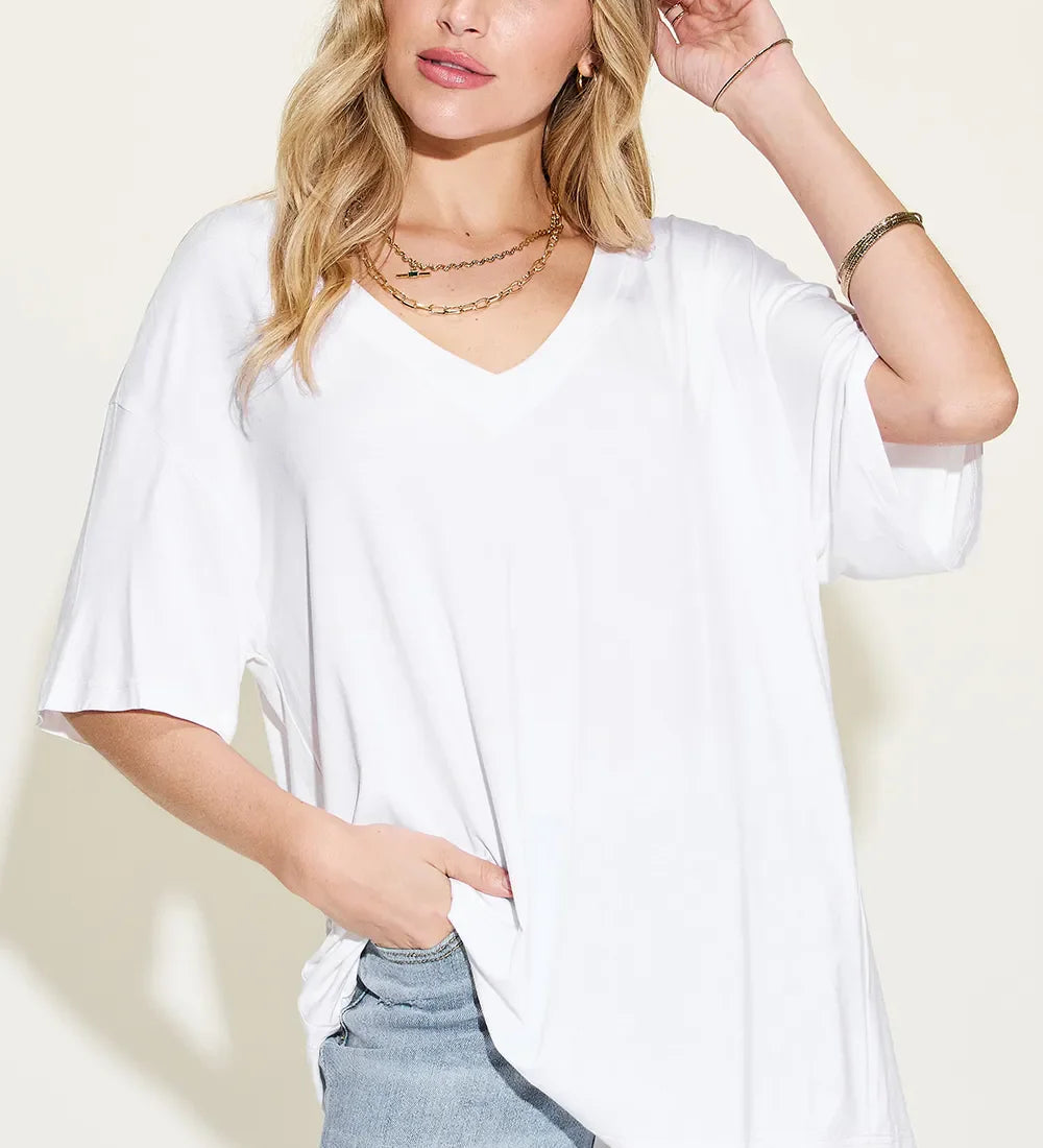 EVELYN | Bambusz zszálas felső V-nyakkal és ejtett vállakkal