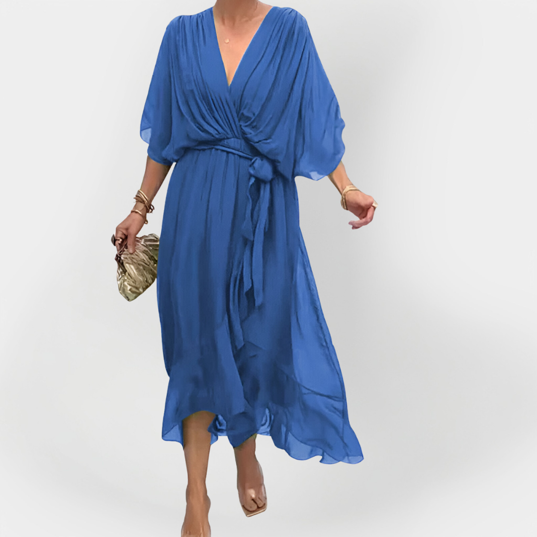 V-nyakú sifon ruha