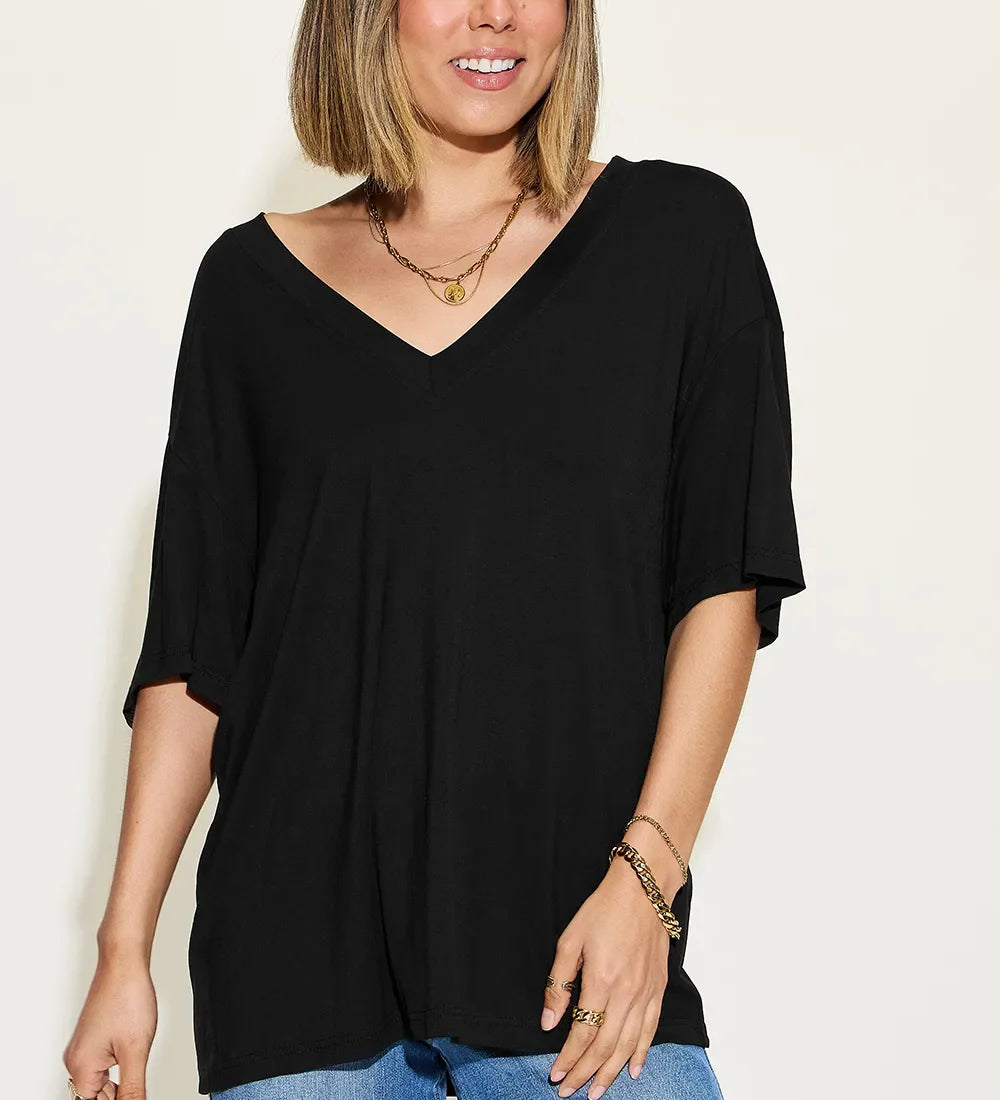 EVELYN | Bambusz zszálas felső V-nyakkal és ejtett vállakkal