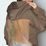 Alba Strasszos Hálós Nyitott Hátú Kapucnis Pulóver