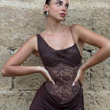 Olga Egy Vállú Csipke Maxi Ruha