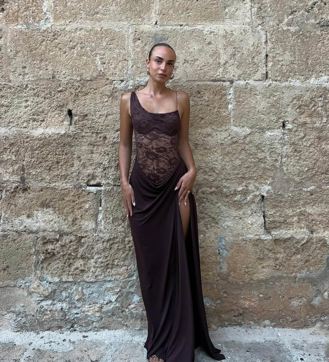 Olga Egy Vállú Csipke Maxi Ruha